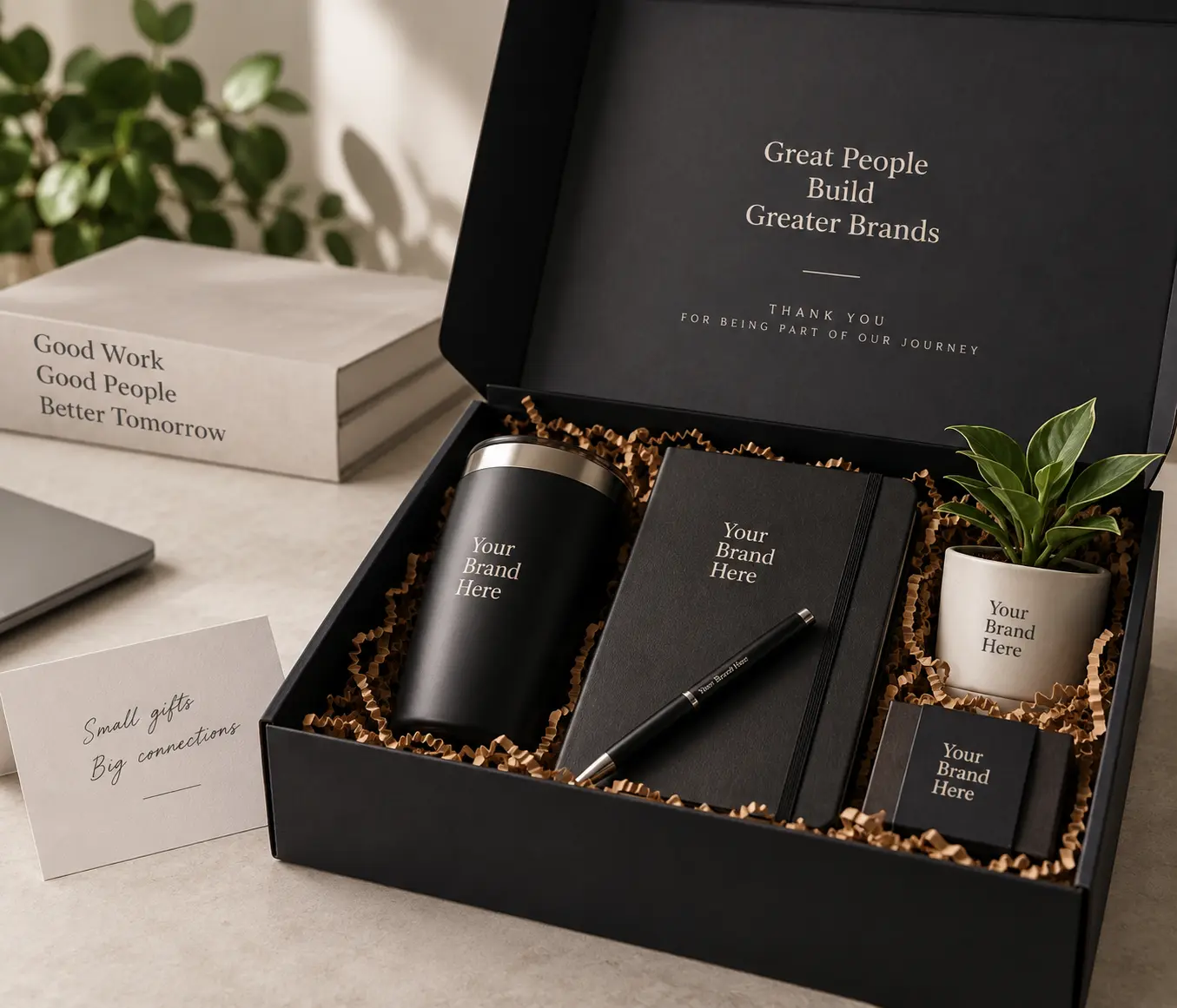 Branded corporate gift box being packaged with company logo